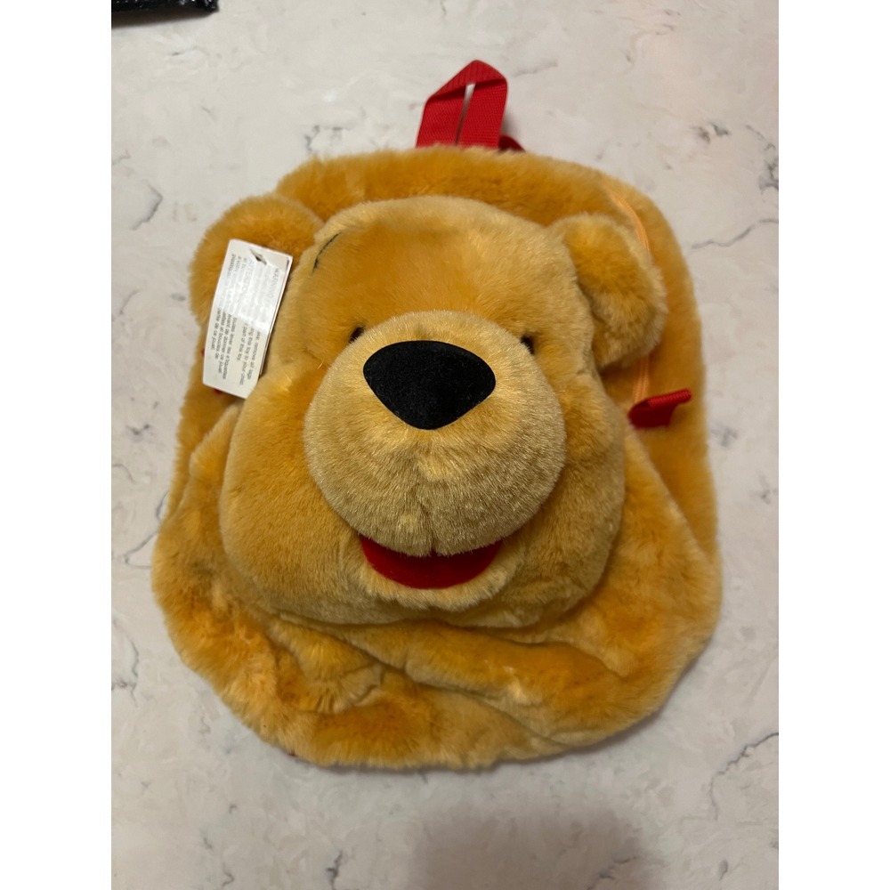 Disney Store Winnie the Pooh Plush Backpack Faux Fur‎ Yellow Red Straps RN84167